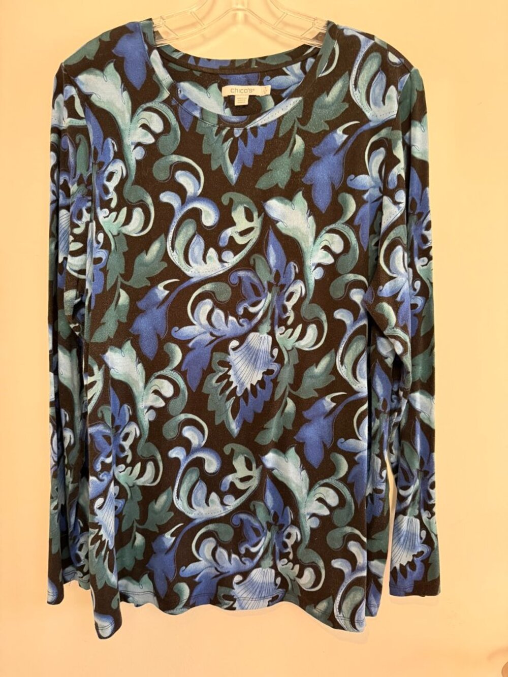 Chico's Black Blue Green Floral Print Long Sleeve Tunic Top Size 3